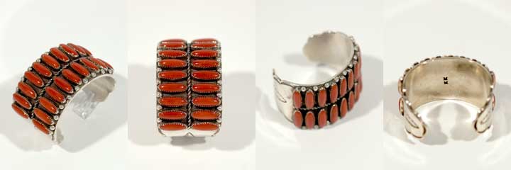 Navajo silver and coral row bracelet